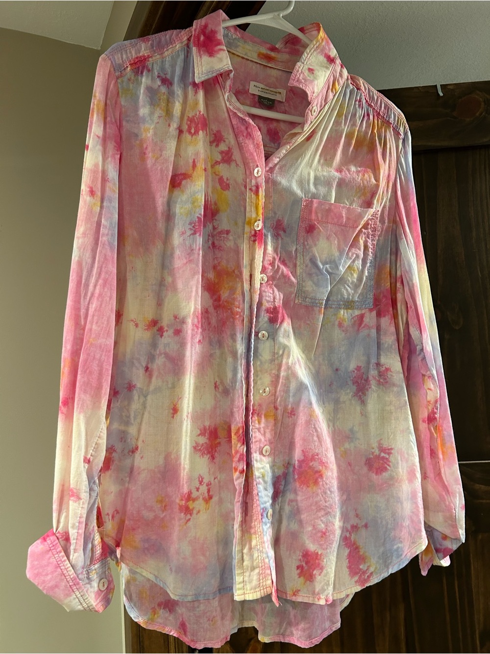 Anthropologie Pilcro Pastel Tie-Dye Button-Up in Pink, Yellow & Blue